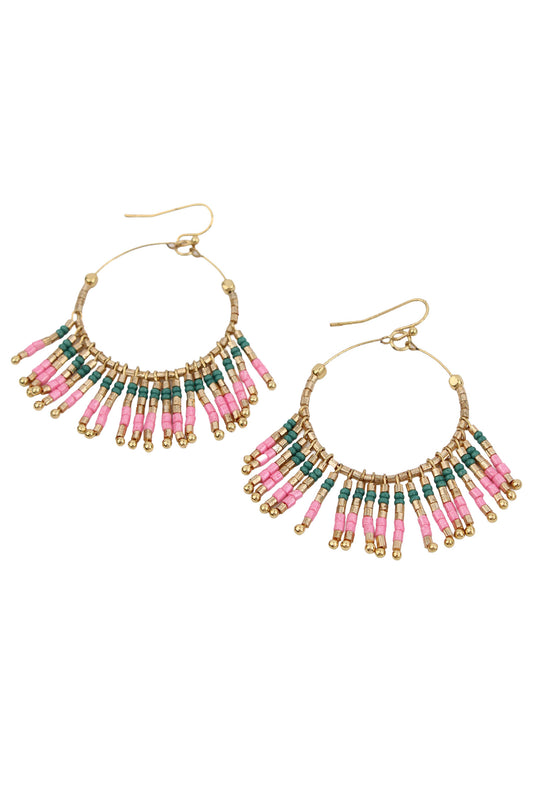 PINK AND GREEN TASSEL BEADED EARRINGS