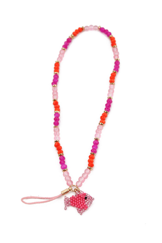 PINK AND ORANGE PHONE CHAIN WITH PINK FISH CHARMS