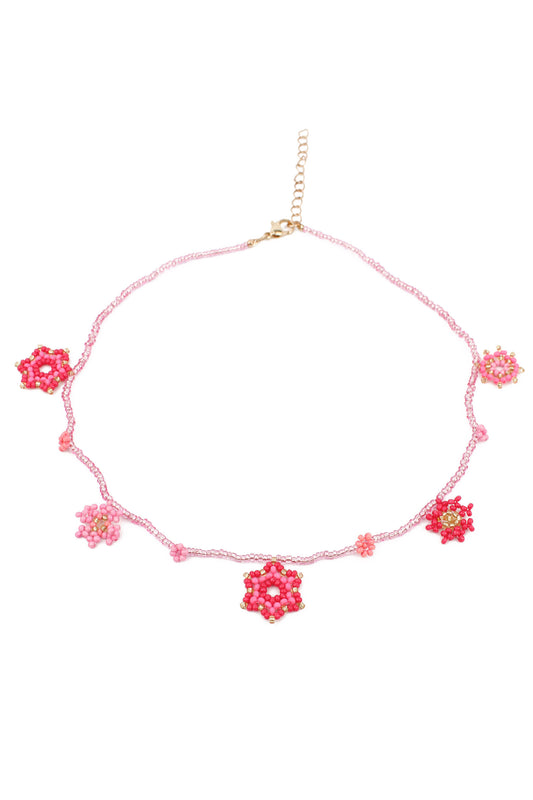 PINK BEADED FLOWER CHARM NECKLACE