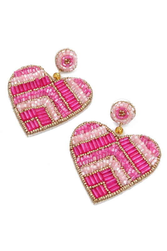 PINK CHEVRON HEART BEADED EARRINGS