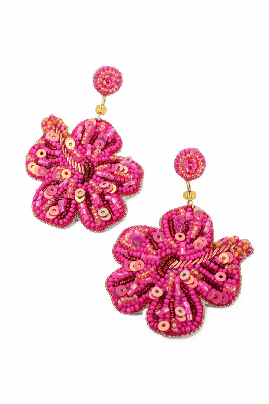 PINK HIBISCUS FLOWER BEADED EARRINGS