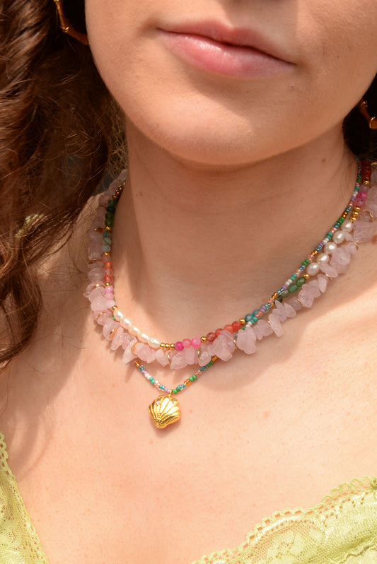 PINK STONE NECKLACE WITH GOLD DISCS