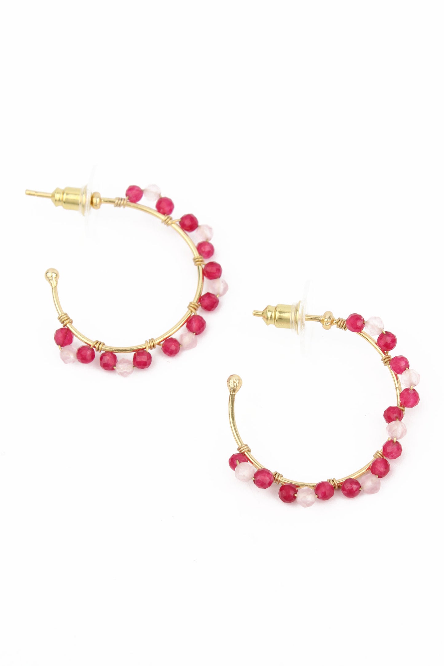 PINK STONES WIRED GOLD HOOPS