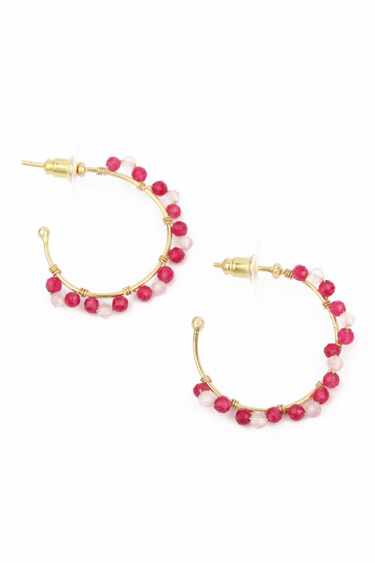 PINK STONES WIRED GOLD HOOPS