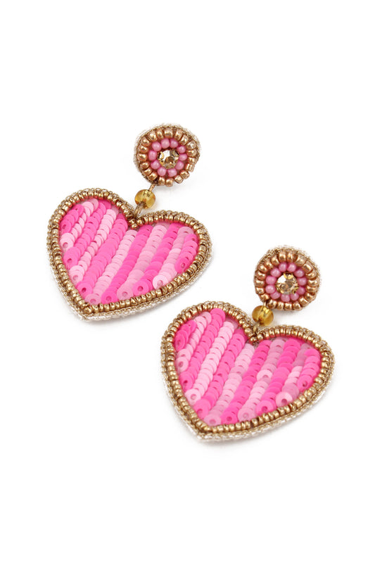 PINK STRIPE HEART BEADED EARRINGS
