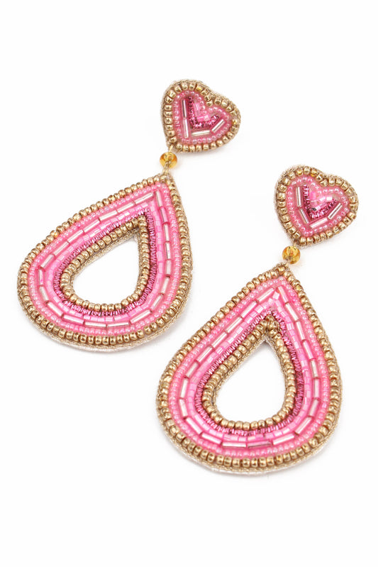 PINK TEARDROP HEART BEADED EARRINGS
