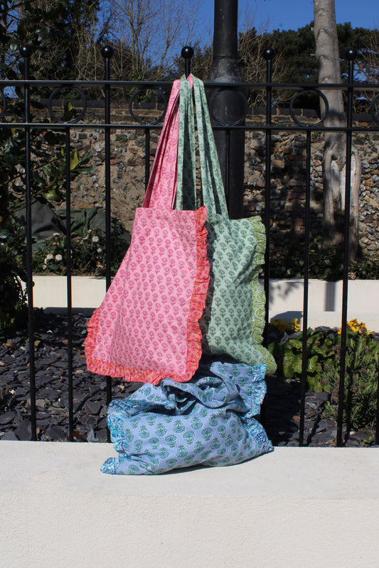 GREEN TOTE BAG WITH FRILL - PACK OF TWO