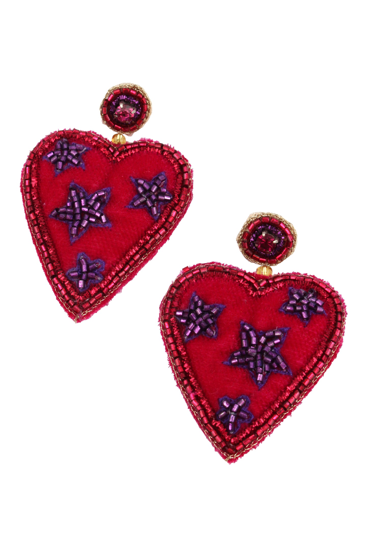 PINK VELVET HEART EARRINGS WITH BEADED STARS
