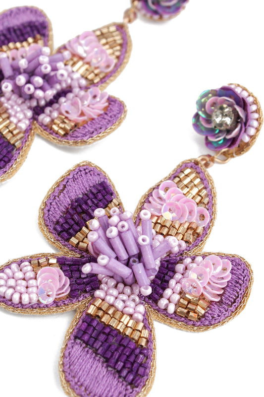 PURPLE FLOWER BEADED EARRINGS