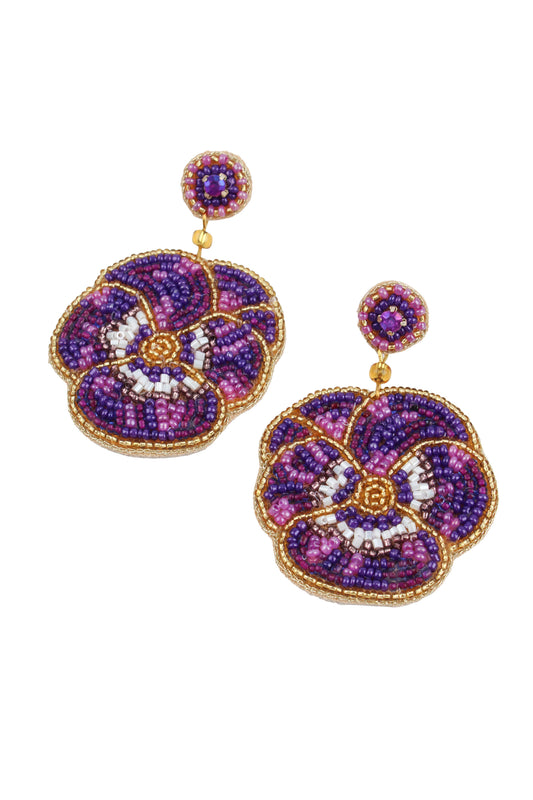PURPLE WINTER PANSY BEADED EARRINGS