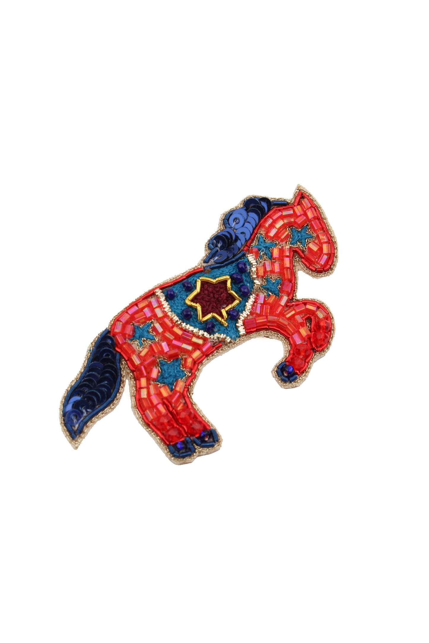RED AND BLUE FOLK HORSE BROOCH