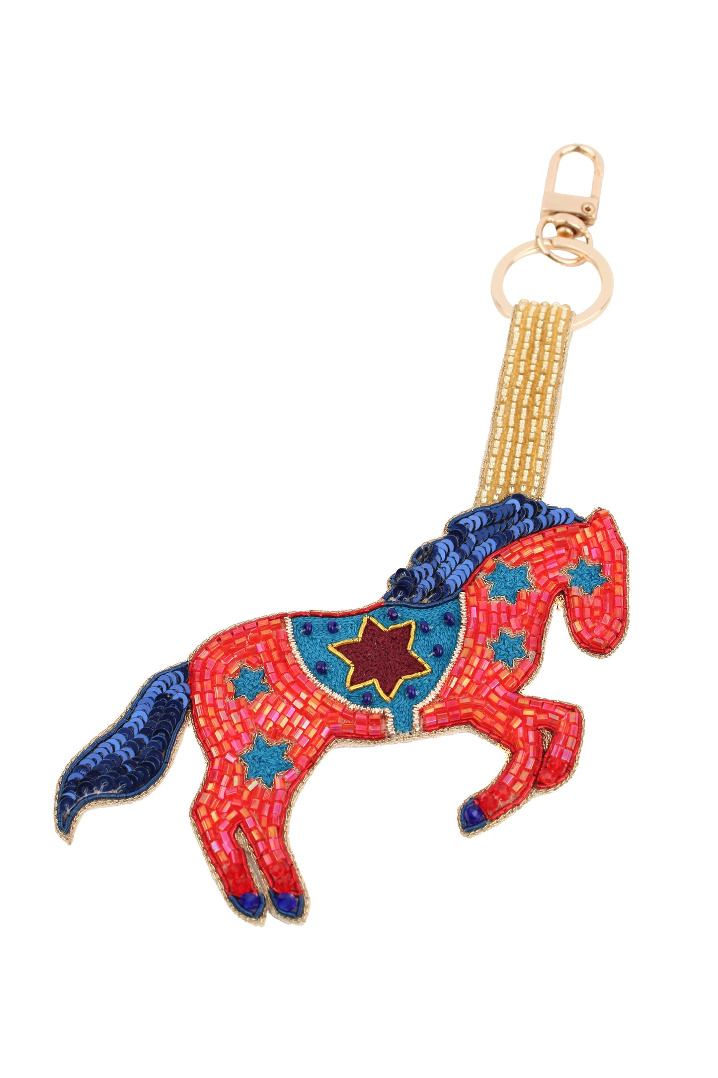 RED AND BLUE FOLK HORSE LARGE KEYRING/BAG CHARM