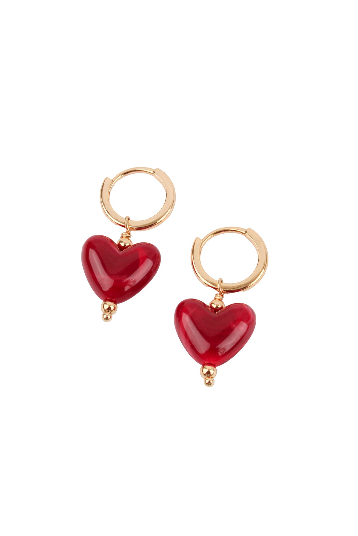RED HEART RESIN DROP GOLD HUGGIE EARRINGS