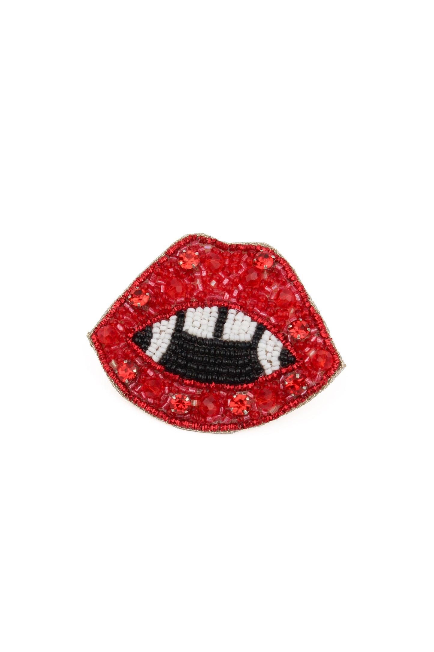 HALLOWEEN RED LIPS AND FANG BEADED BROOCH