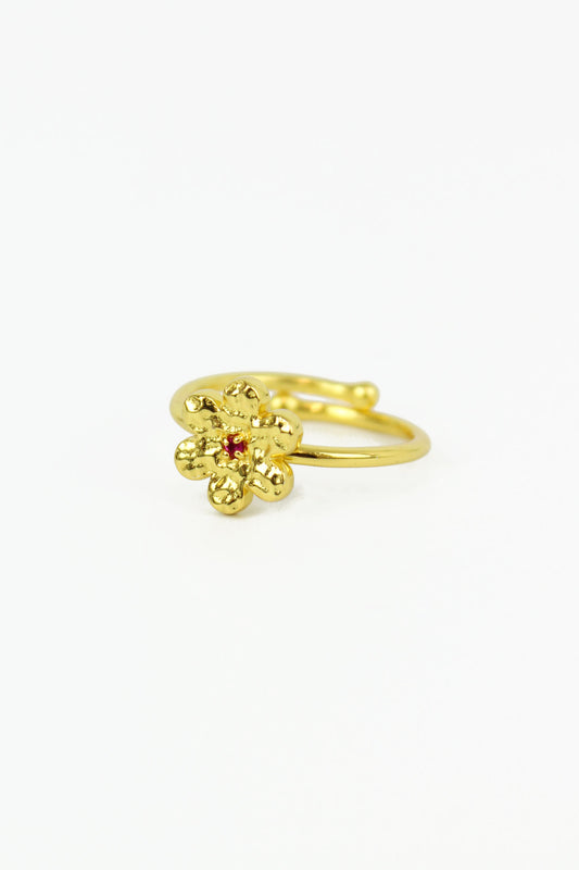 HAMMERED RED FLOWER CZ RING