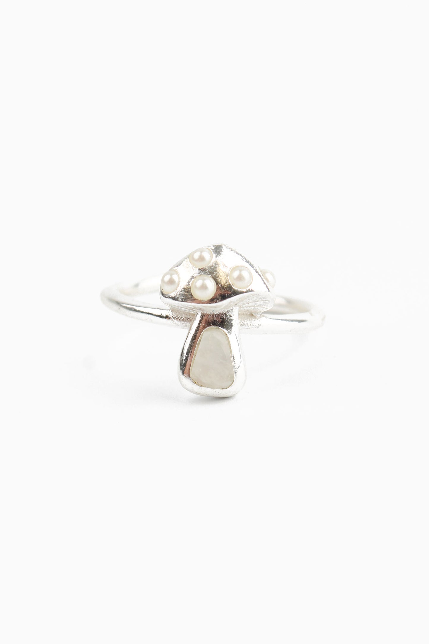 SILVER PEARL & RAINBOW MOONSTONE MUSHROOM RING