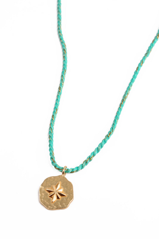 STAR ROUND CHARM ON TURQUOISE BLUE THREAD NECKLACE
