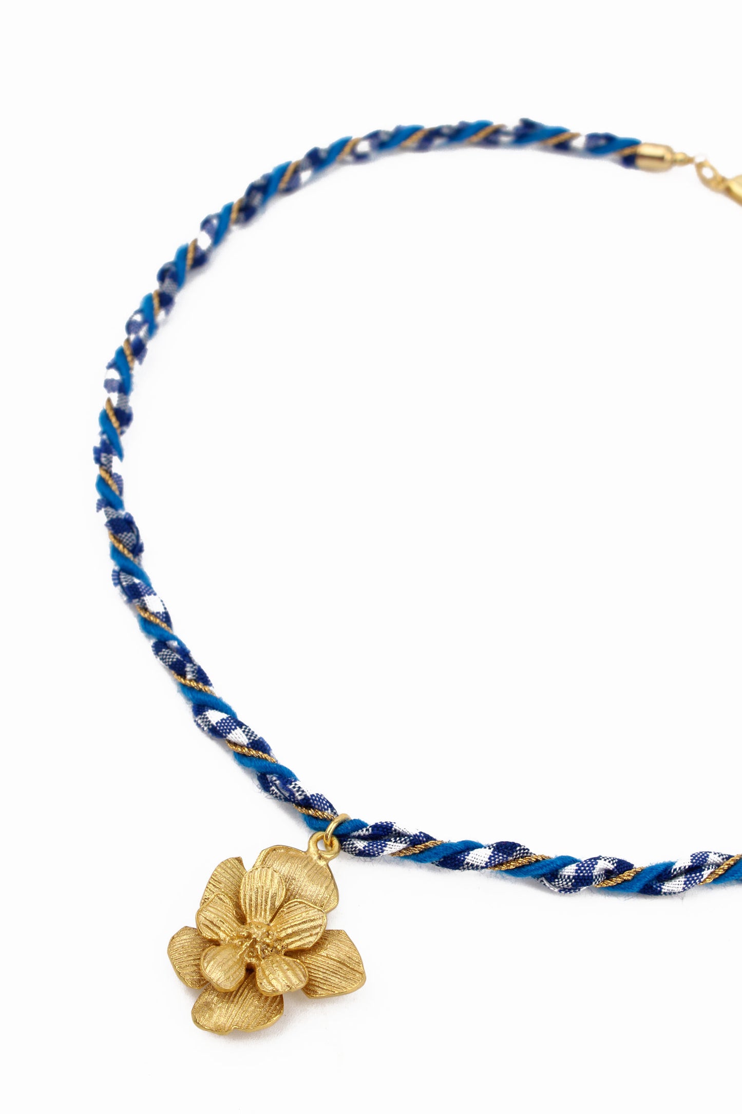 STATEMENT GOLD FLOWER NECKLACE ON BLUE CORD