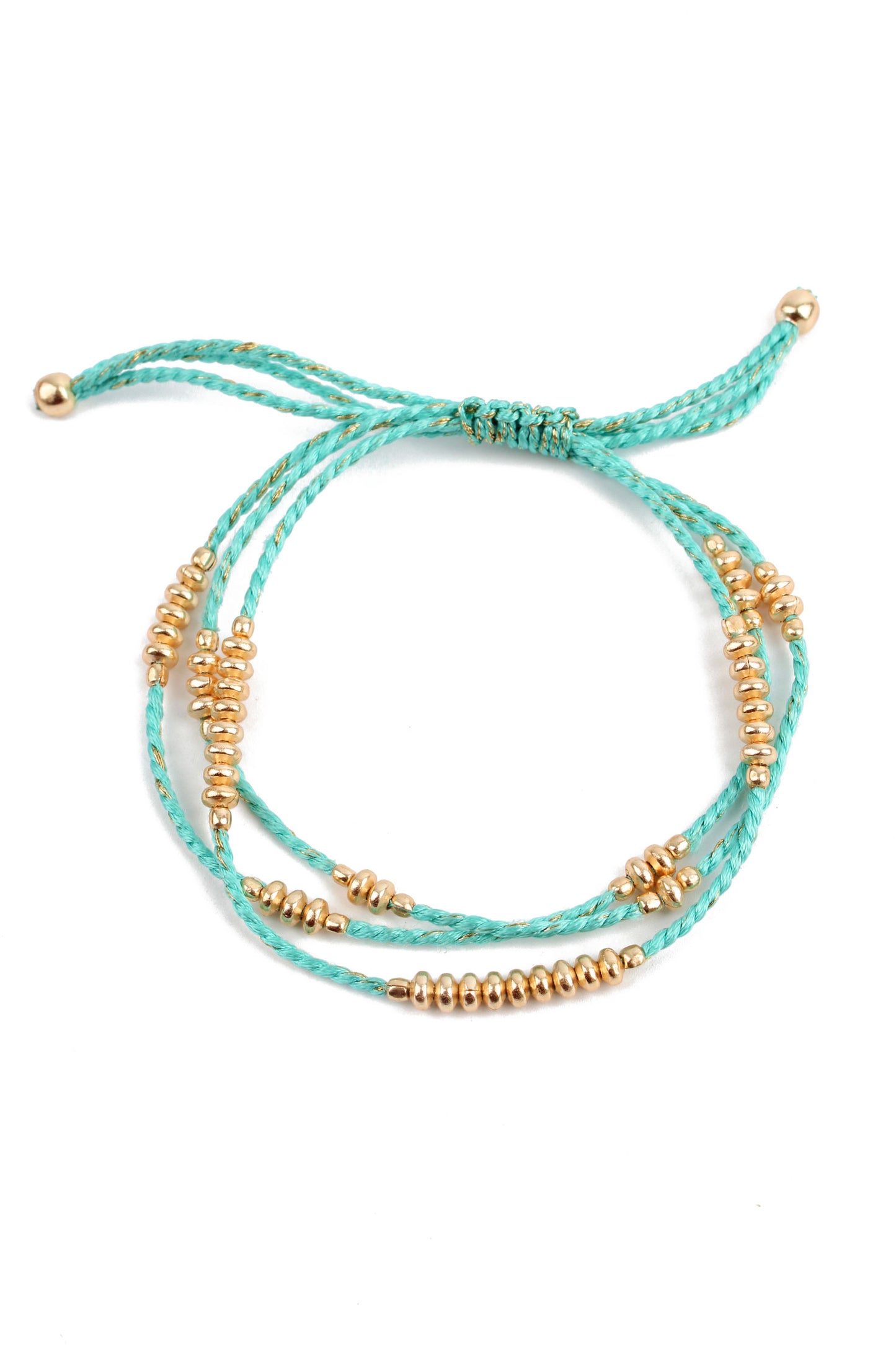 TURQUOISE BLUE ROPE GOLD METAL BEAD BRACELET