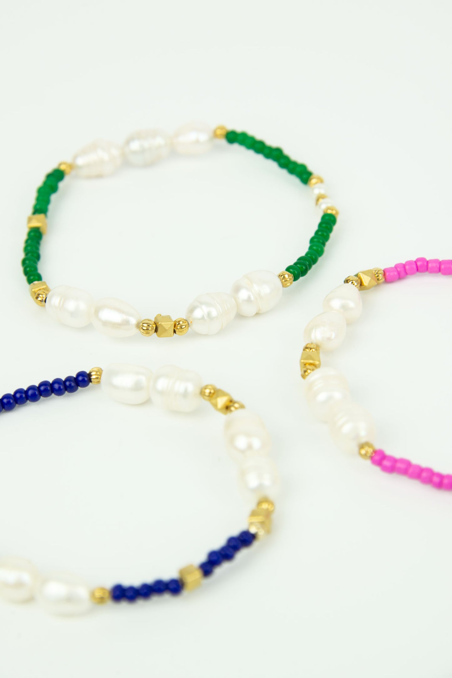 SET OF 3 - BLUE, GREEN AND PINK BEADED AND PEARL BRACELETS (7969007698136)