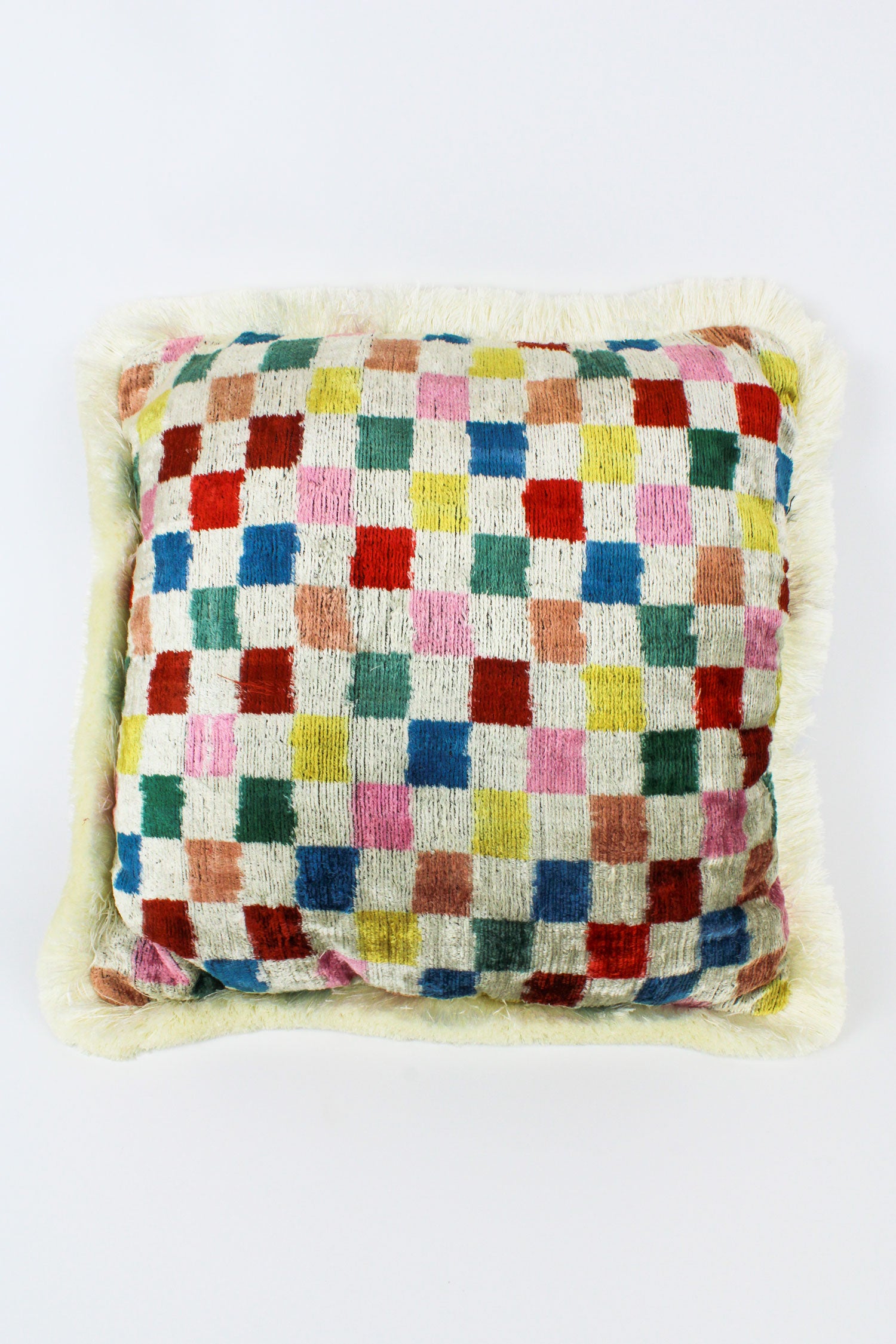 UZBEKI HANDWOVEN SILK VELVET SQUARE CUSHION - CHEQUERS CREAM (7916691390680)