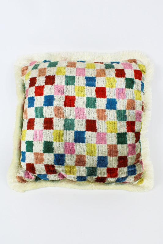 UZBEKI HANDWOVEN SILK VELVET SQUARE CUSHION - CHEQUERS CREAM (7916691390680)