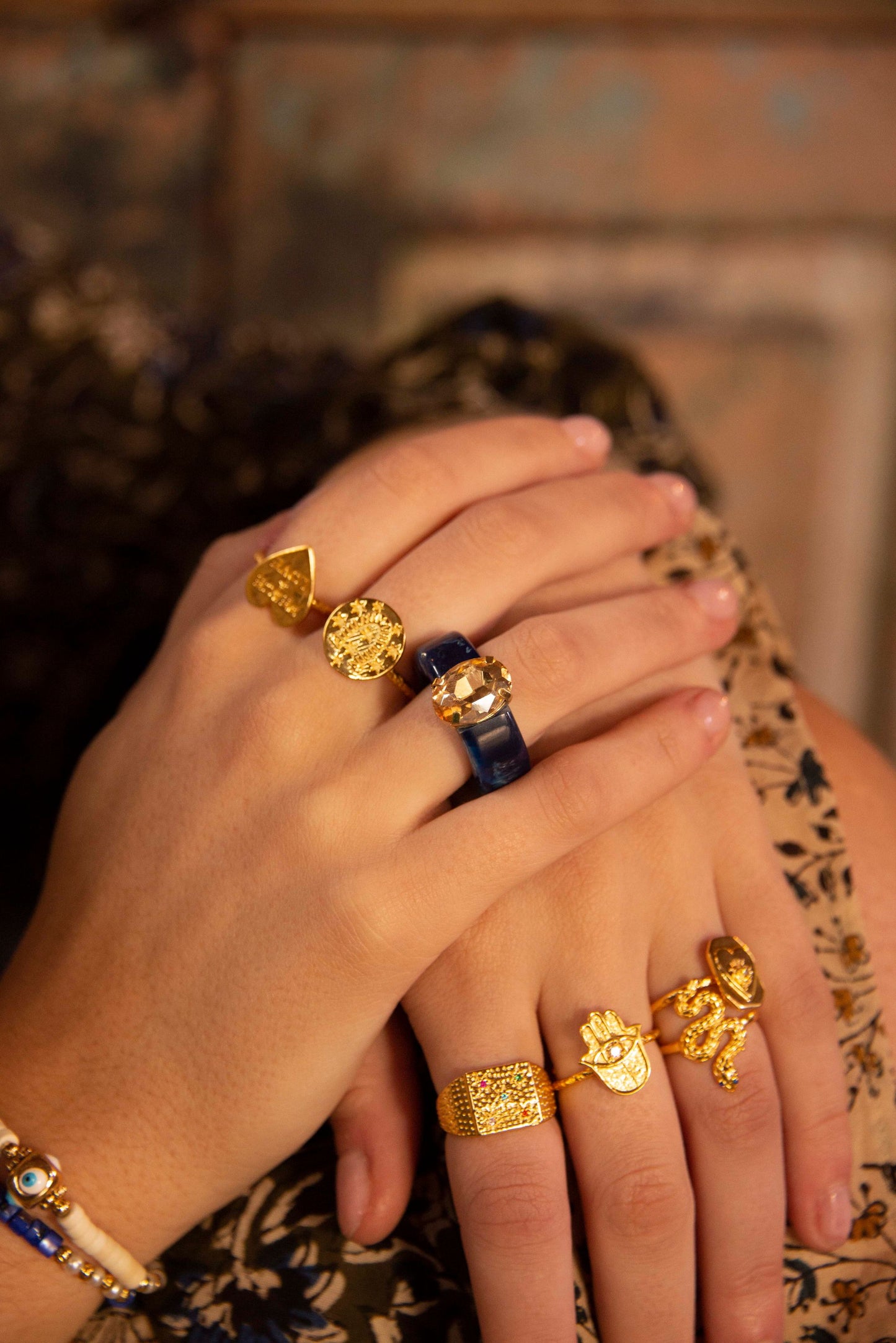 CHUNKY GEM RINGS WARM COLOURS - PACK OF 15 (S/M/L) (7933896949976)