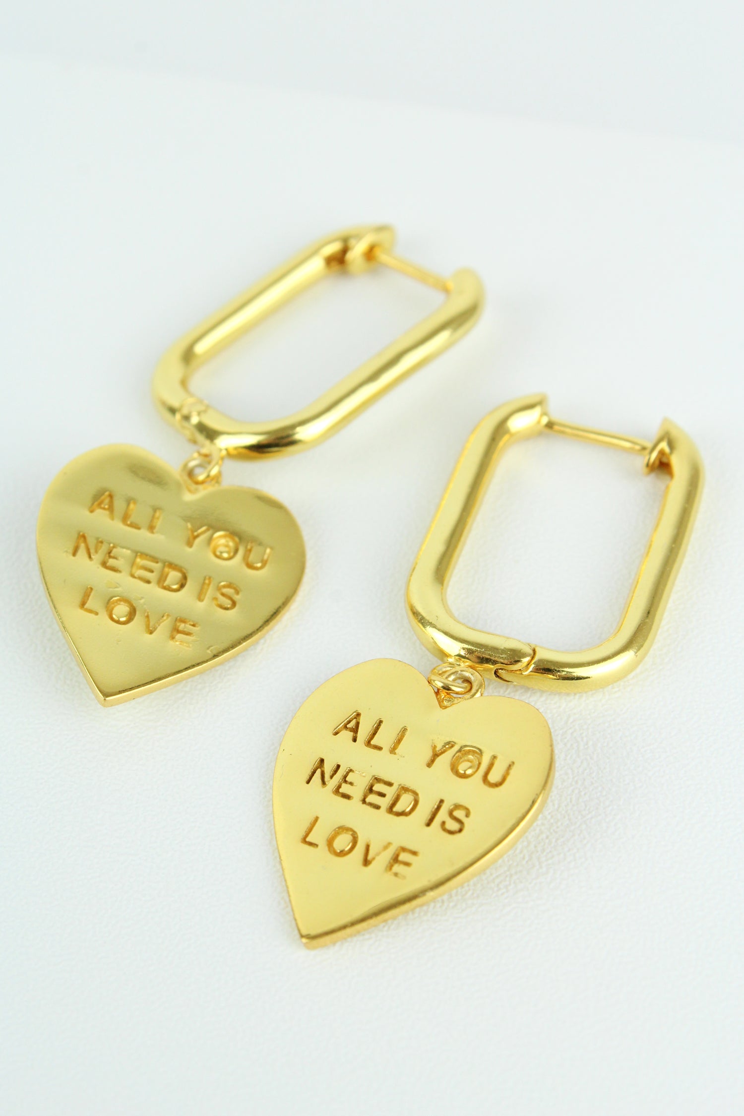 GOLD ALL YOU NEED IS LOVE HEART CHARM HOOPS (7896129994968)