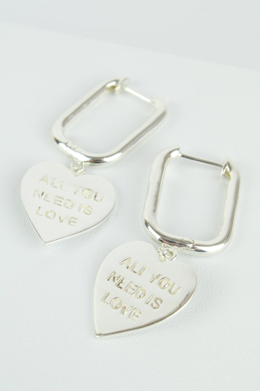 SILVER ALL YOU NEED IS LOVE HEART CHARM HOOPS (7896130453720)