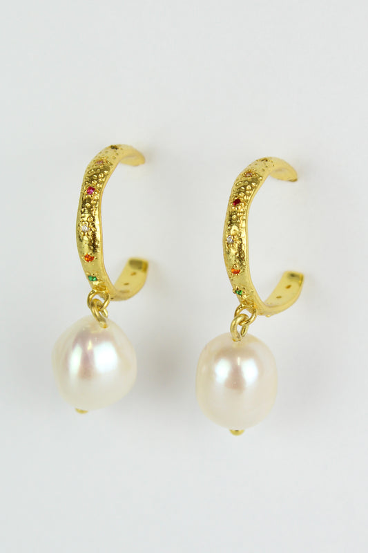 GOLD RAW PEARL MULTI CRYSTAL HOOPS (7895977754840)