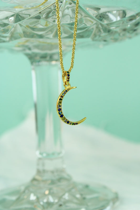 MULTI GEM CRESCENT MOON PENDANT (6969542967483)
