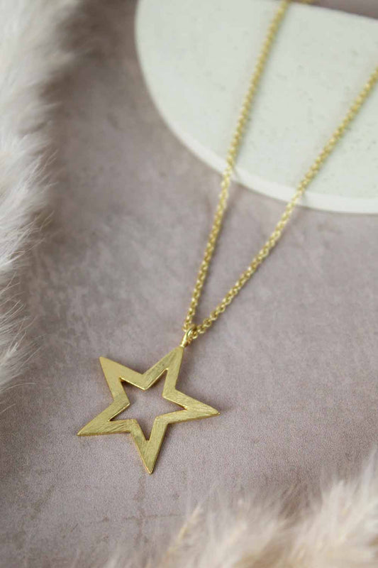 BRUSHED GOLD STAR OUTLINE NECKLACE (5710913339553)