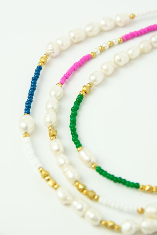 SET OF 3 - BLUE, GREEN AND PINK BEADED AND PEARL NECKLACE (7969010352344)