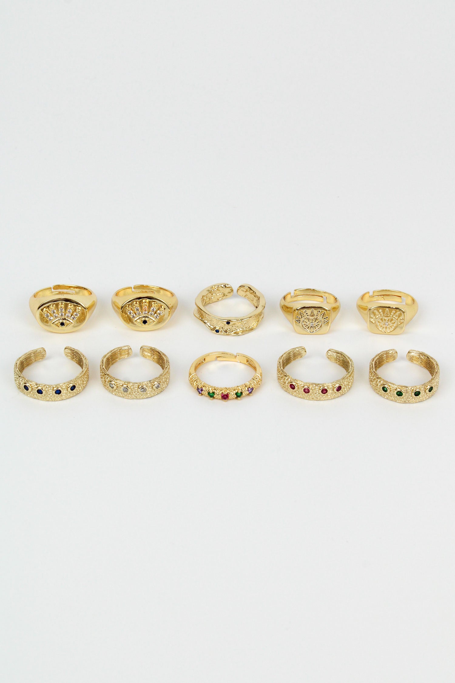 GOLD CRYSTAL & EVIL EYE RINGS - PACK OF 10 (7936202440920)