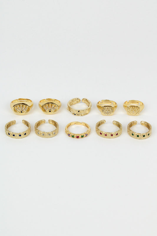 GOLD CRYSTAL & EVIL EYE RINGS - PACK OF 10 (7936202440920)